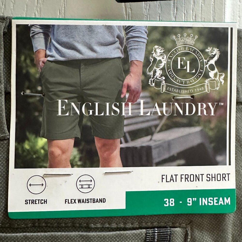 English Laundry Men's Short Size 38 Green Flat Front Casual Dressy Travel (NEW)